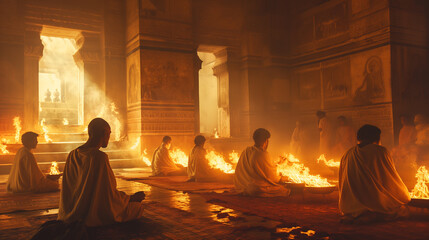 Zoroastrians worshiping at a fire temple, flames illuminating their faces, eternal and purifying, left third copy space