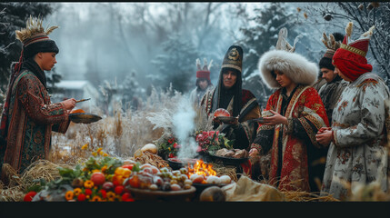 Obraz premium Slavic people celebrating seasonal changes with rituals to Perun and Mokosh, natural and festive, left third copy space