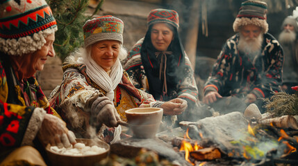 Slavic people celebrating seasonal changes with rituals to Perun and Mokosh, natural and festive, left third copy space