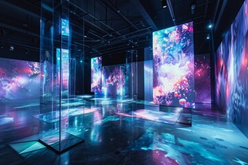 Fototapeta premium A futuristic, holographic stage with transparent floors and walls, surrounded by floating digital screens displaying abstract art. 
