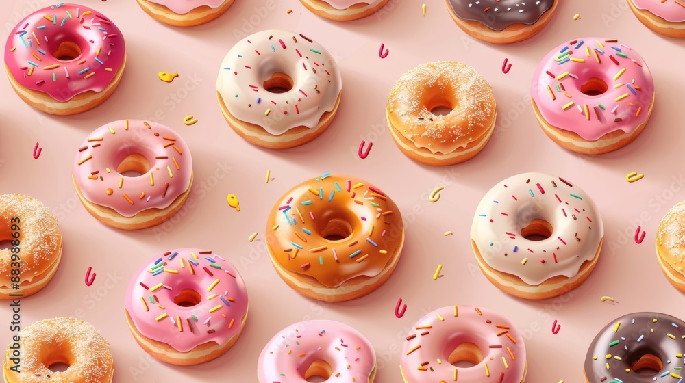 Poster scrumptious display of assorted donuts in delightful pastel colors