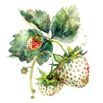 Delicious White Strawberry Watercolor Illustration. Fresh Ripe Pineberry Fruit on White Background
