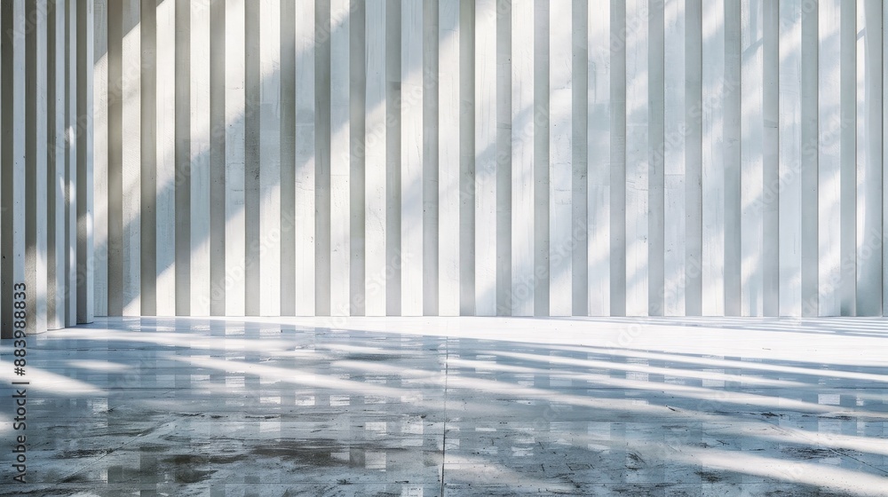 Poster sunlight streams through a window, casting long shadows across a smooth, white floor