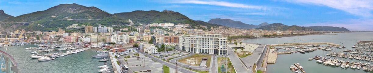 Obraz premium Drone panorama over the harbor of the Italian city of Salerno on the Amalfi Coast