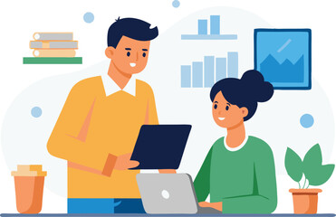 Man and woman collaborating on a project using a laptop