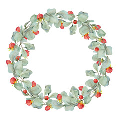 Eucalyptus laurel branches, leaves with red berries. Watercolor hand drawn illustration, wreath chaplet crown frame isolated on white. Xmas cards, happy new year festive, noel navidad. Florist wedding
