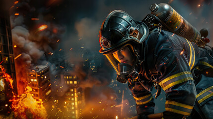 Fototapeta premium Firefighter Battling Intense Urban Blaze with High-rise Buildings in Background