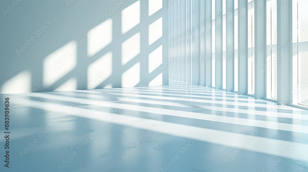 Poster light streams through windows casting stripes across a polished floor