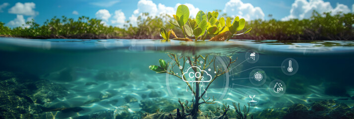 World Environment Day, Mangrove trees capture CO2 from the atmosphere, carbon capture concept, natural carbon sinks, green mangrove forest, blue carbon ecosystems 