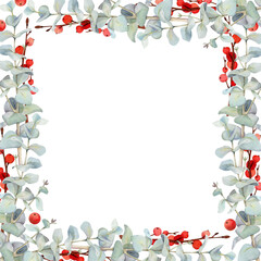 Eucalyptus laurel branches leaves with red berries. Watercolor hand drawn illustration, border frame isolated on white. Xmas, happy new year festive, noel navidad. Cards, gifts, florist shop, wedding.