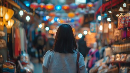 Fototapeta premium A young woman walks through a bustling market with colorful lanterns hanging above.