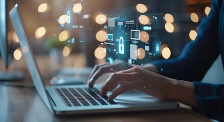 Businessman using laptop with digital padlock and safety shield icon on virtual screen for security technology concept