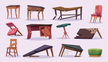 Broken chairs. Old damaged furniture sofas chairs tables wardrobe cupboards exact vector cartoon template © ONYXprj