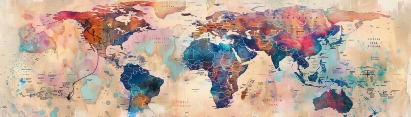 A global watercolor map featuring detailed financial analysis, national strategies, and trade routes