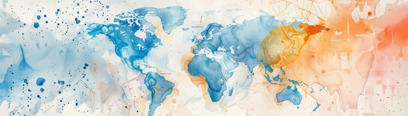 A global watercolor map featuring detailed financial analysis, national strategies, and trade routes