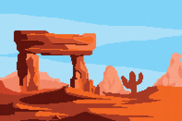 pixel art image of desert, hot atmosphere in the afternoon and there is a shadow of orange cactus tree