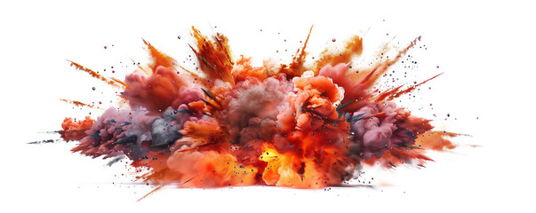 realistic explosion with fire and smoke and sparks on white background. Wide angle view of an intense bomb. transparency background