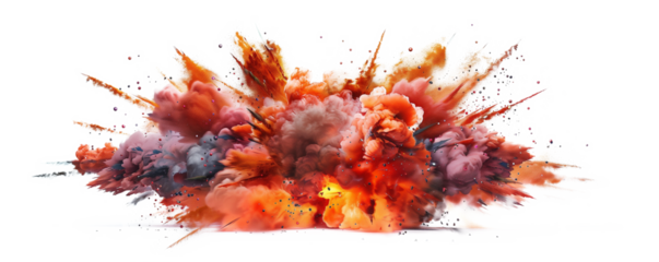 realistic explosion with fire and smoke and sparks on white background. Wide angle view of an intense bomb. transparency background