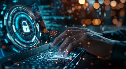 Businessman using laptop with digital padlock and safety shield icon on virtual screen for security technology concept