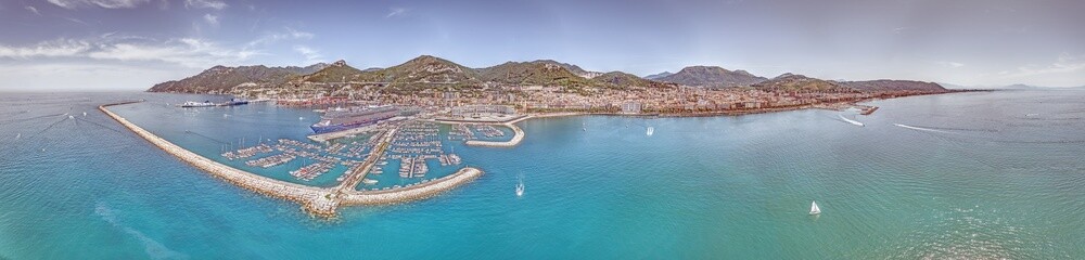 Drone panorama over the harbor of the Italian city of Salerno on the Amalfi Coast