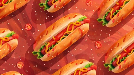 Seamless pattern of hotdogs with mustard and lettuce on red background