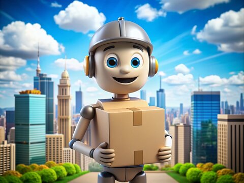 Smiling 3D cartoon delivery boy robot holding a parcel, standing in front of a colorful cityscape background with bright blue sky and fluffy white clouds.