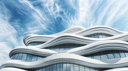 White modern architecture with wavy lines against a blue sky with clouds