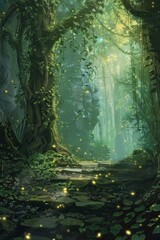Obraz premium A mystical forest stage, with an ancient stone floor, vines hanging from the trees, and fireflies casting an ethereal glow. 
