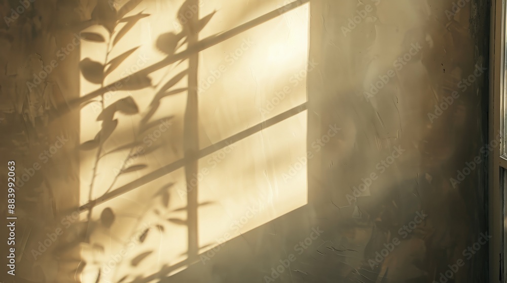 Poster sunlight streams through a window, casting soft shadows of leaves on a wall