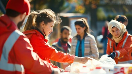 Fototapeta premium Rescuers and volunteers help victims of natural disasters by distributing food, water and blankets. Perfect for content about emergency aid and humanitarian assistance in crisis situations.