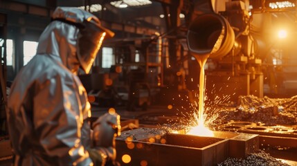 A foundry where molten metal is recycled into molds, with a worker in protective gear ensuring safety and precision.