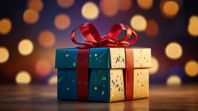 Blue gift box with orange bow against a festive backdrop of gold bokeh lights. Copy space template animation. Christmas holidays concept
