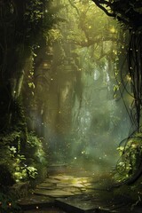 Obraz premium A mystical forest stage, with an ancient stone floor, vines hanging from the trees, and fireflies casting an ethereal glow. 