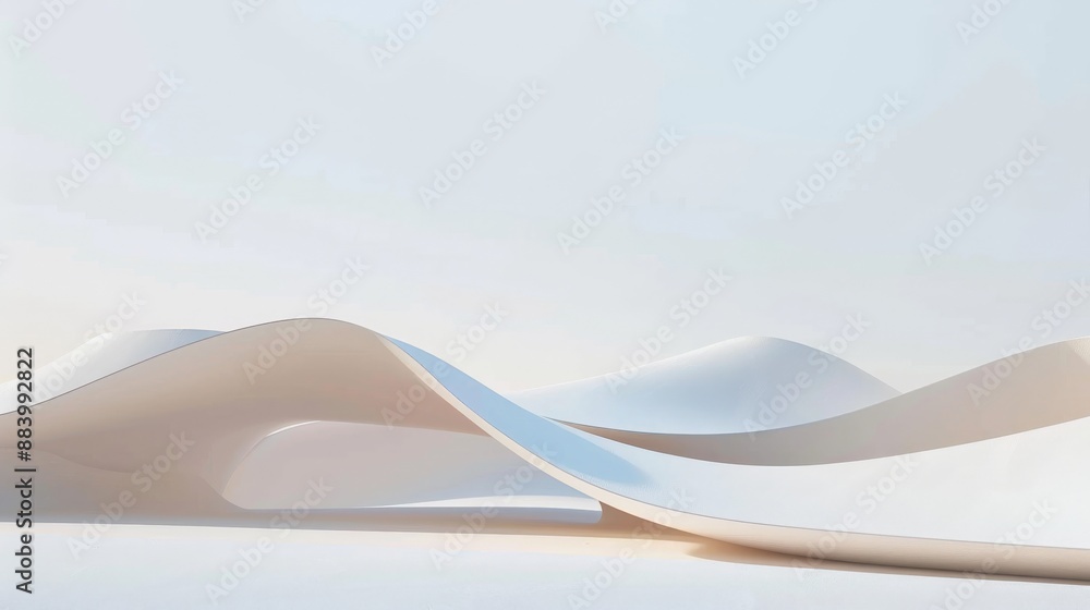 Poster abstract shapes curve and flow across a white surface, bathed in soft light