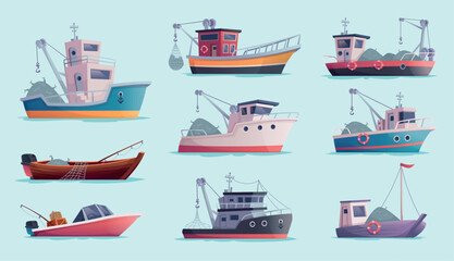 Fishing boats. Marine transport fo fisherman exact vector seafood production illustrations set