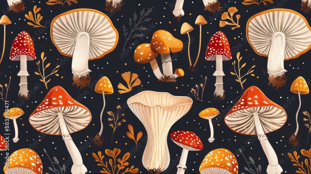 Aufkleber seamless pattern with various types of mushrooms on dark background
