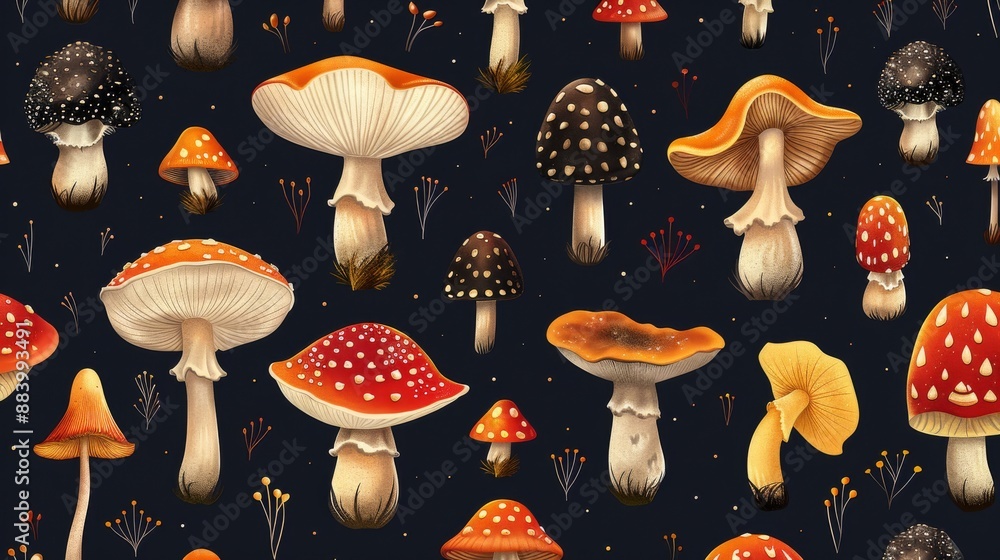 Poster seamless pattern of various types of mushrooms on dark background