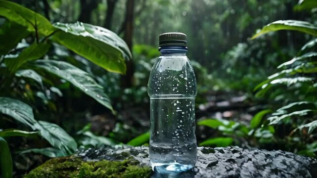Mineral plastic water bottle in the green forest, mockup with summer background