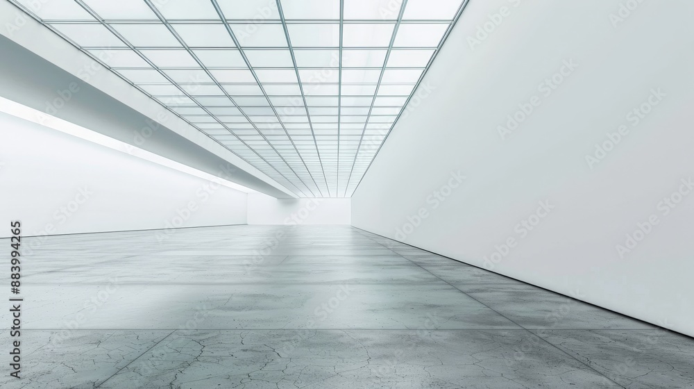 Poster an expansive white corridor with a grid-patterned ceiling