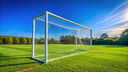 Empty soccer goal standing alone on a green grassy field with a clear blue sky and visible net mesh details.