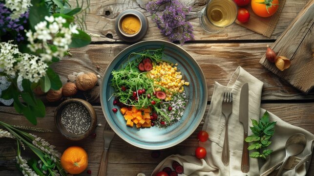 Healthy food clean food selection: fruits, vegetables, seeds, superfood, grains, leafy vegetables on wooden table