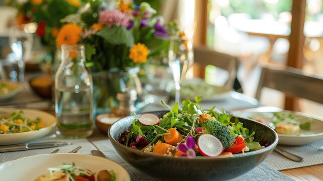 Healthy food clean food selection: fruits, vegetables, seeds, superfood, grains, leafy vegetables on wooden table
