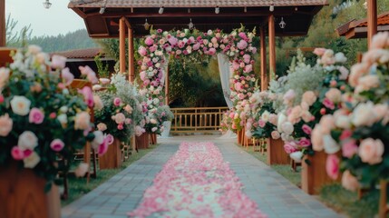 A long, pink and white flower-lined walkway leads to a wedding ceremony