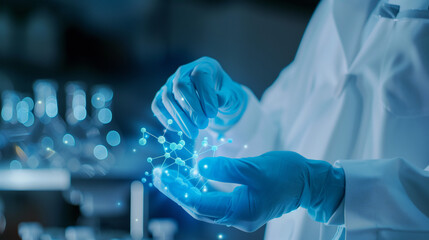 doctor hands with gloves holding hologram molecule