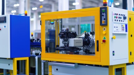 A machine with a yellow and white casing is in a factory