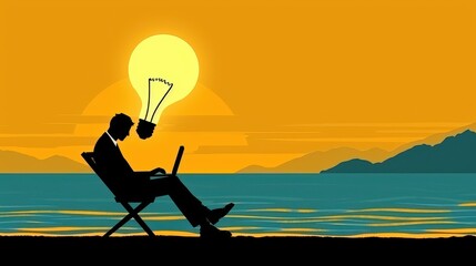 Fototapeta premium Businessman in suit by water, working on laptop under lightbulb, with mountains in background.