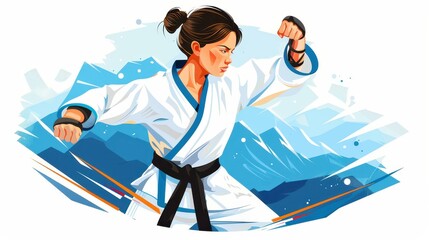 Abstract vector illustration of a girl in a kimono with a taekwondo black belt. Unique design.