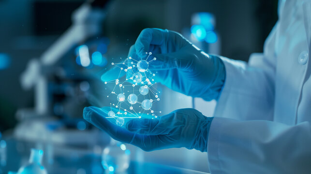 doctor hands with gloves holding hologram molecule - Powered by Adobe