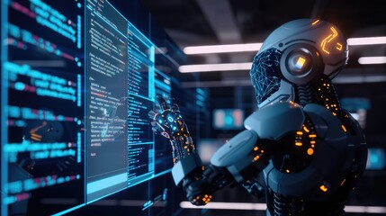 Digital Portrait of a Robot Working on a Computer, Projected Line of Code and Reflection. Software Developer working on Innovative eCommerce Software using AI, Big Data
