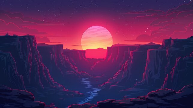 Digital landscape of a canyon with a setting sun and river